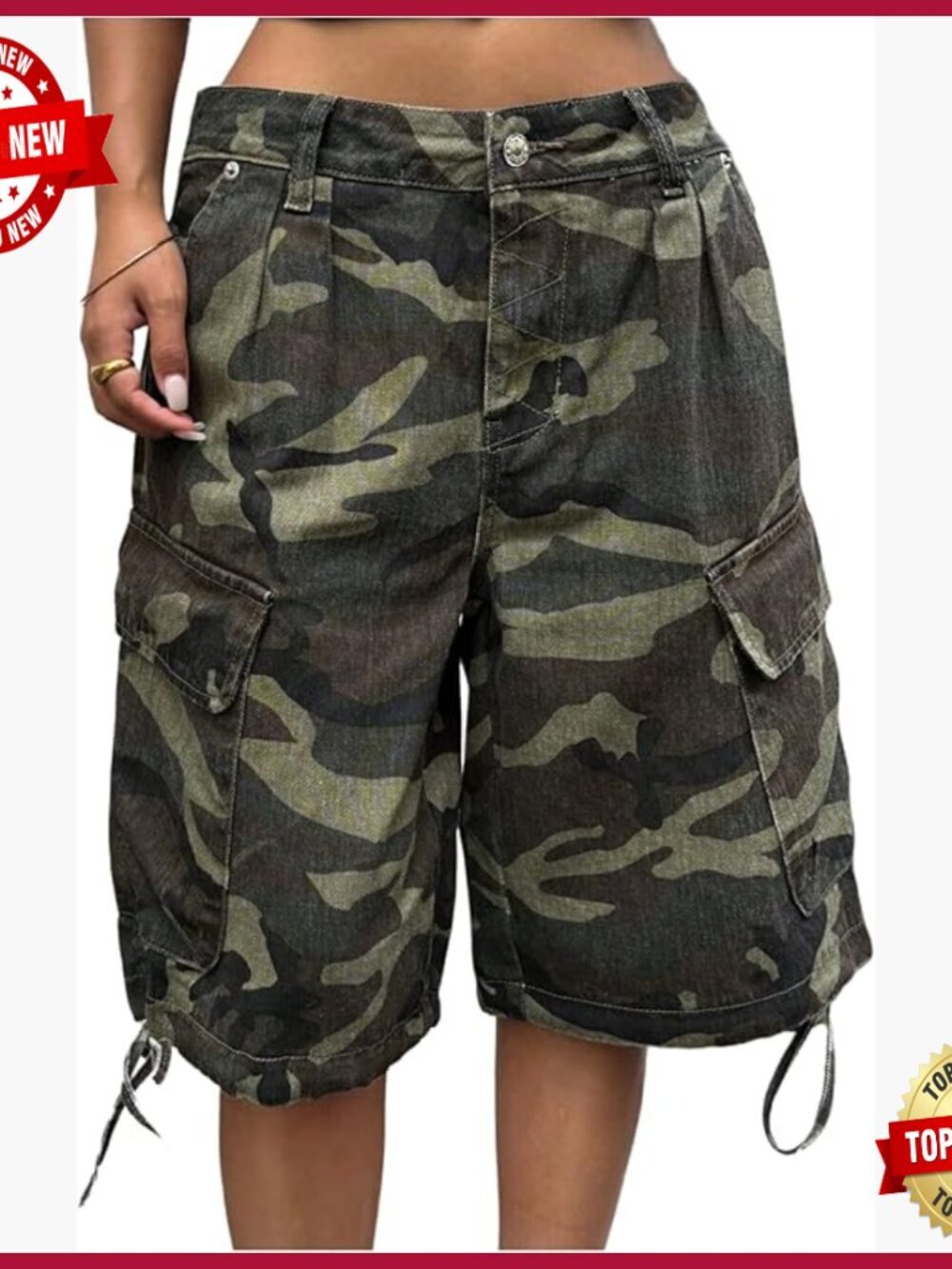 Womens Camo Denim Cargo Shorts Letter Graphic Baggy Bermuda with Flap Pockets